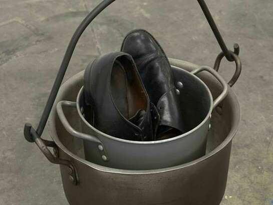 Phillip Lai Untitled, 2011, wood, varnish, lamp, concrete, leather shoes, cooking pots, 217 x 81 x 34 cm