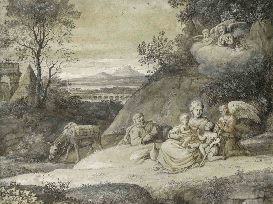 Claude Gellée dit Le Lorrain, Le repos pendant la fuite en Egypte (detail), Pinceau, encre de chine, lavis d’encre de Chine et lavis de bistre sur papier bleuté, Petit Palais © Petit Palais / Roger-Viollet