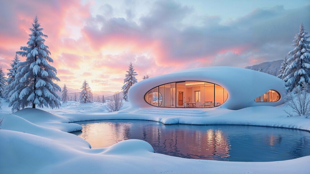 Paesaggio di montagna innevato, immagine futurista creata con l'IA
