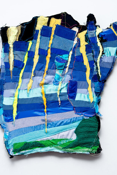 Todd Knopke, Rip, 2015, fabric, thread, wood,
20 x 17 x 2 inches
