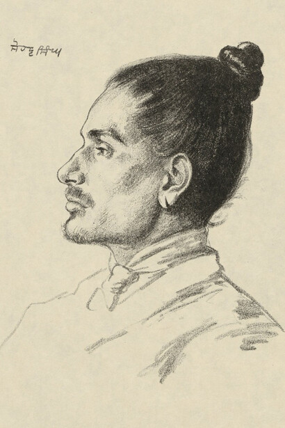 A profile sketch of Sohan Singh, the son of a Sikh farmer from Harpoke, a village in Punjab (now in Pakistan). He was born around 1894, and joined the 58th Vaughan's Rifles (Frontier Force), a regiment in Britain's Indian Army, probably just before war broke out. During the First World War, the regiment served on the Western Front in 1914-15, fighting in the Battles of La Bassee, Givenchy, Neuve Chapelle, Aubers Ridge and Loos. Sohan Singh was captured by the Germans and held prisoner in the Wünsdorf Camp near Berlin. It was here that the likeness of the 22-year-old Sikh soldier was captured by Hermann Struck, a German Jewish artist who published a book containing 100 of his portraits of prisoners of war. (UKPHA Archive)