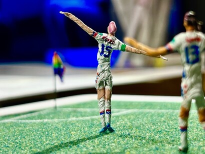 Lyndon J. Barrois, Sr., United States 2–1 France, 2019, Megan Rapinoe
celebrates her opening goal in a decisive World Cup quarterfinal victory over
France, 2025. Courtesy of Los Angeles County Museum of Art