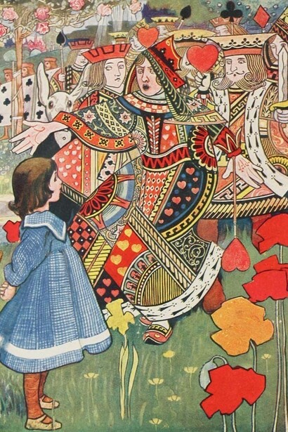 Charles Robinson, *Off with her head!* em Lewis Carroll, *Aliceʼs Adventures in Wonderland. With eight coloured plates and one hundred and twelve other illustrations by Charles Robinson*, Cassell and Company Ltd., 1907