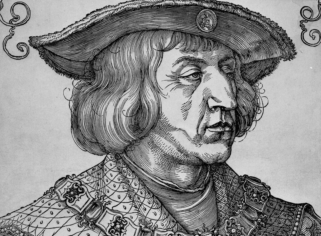 Emperor Maximilian, a woodcut portrait, Albrecht Dürer (1471-1528), C. AD 1518, Germany © The Trustees of the British Museum