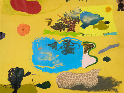 Torey Thornton, You Pissed On My Suburban (Divide), 2014, Acrylic, spray paint, oil pastel, charcoal, nail
polish, graphite and collage on paper, 174 x 218 cm, 68 x 85 ins (framed)