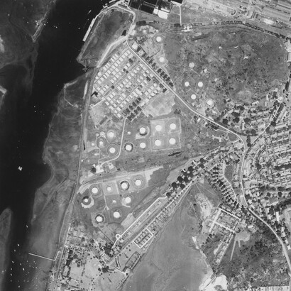Imagen aérea de la zona de Balboa en el Canal de Panamá, Departamento de Guerra de los Estados Unidos