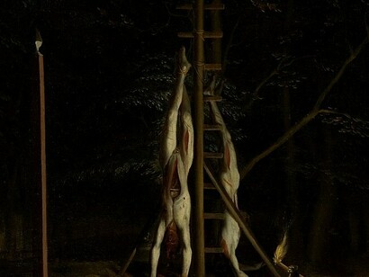 «Los cuerpos de los hermanos De Witt», Jan de Baen: la famosa «pregunta» de Spinoza (¿por qué los hombres luchan por la servidumbre como si lo hicieran por su salvación?) surge ante el linchamiento de los hermanos De Witt, que por primera vez en la historia moderna intentaron implementar una sociedad tolerante y liberal frente a la empresa autoritaria, despótica e imperialista de la casa Orange