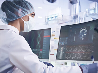 A diverse research team analyzes DNA mutations, featuring a female doctor leading the study in the foreground