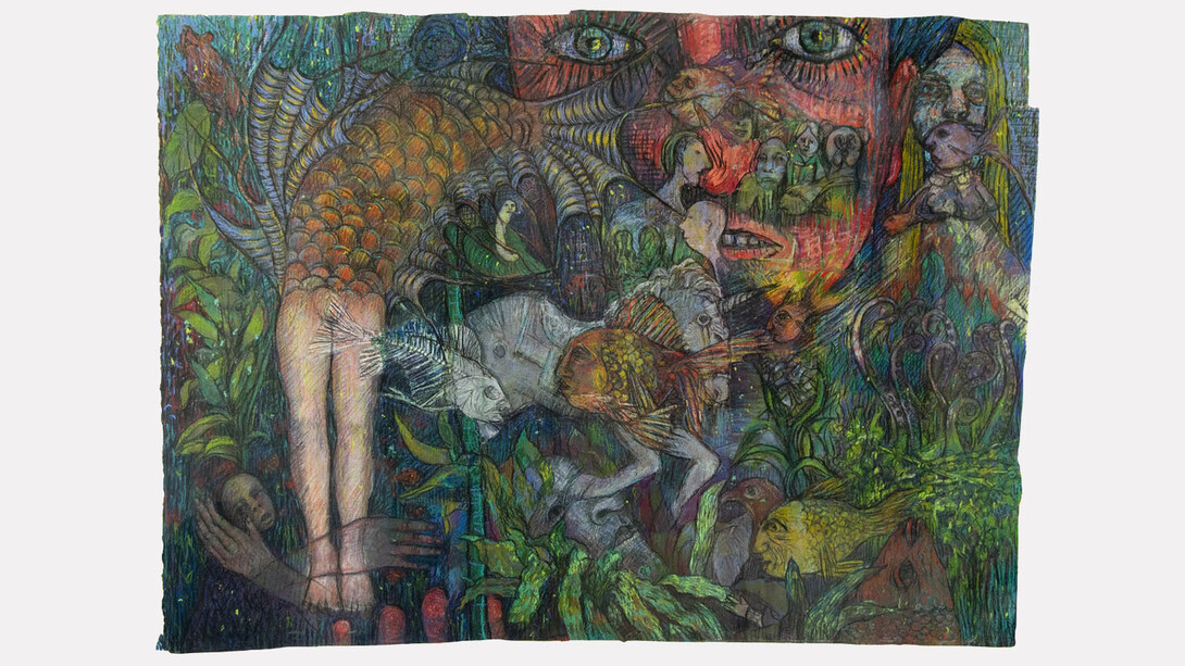 Erin Dixon, Aquarium, acrylic, collage & chalk pastel on paper, 30 by 42 inches. Courtesy of the artist and Spalding Nix Fine Art