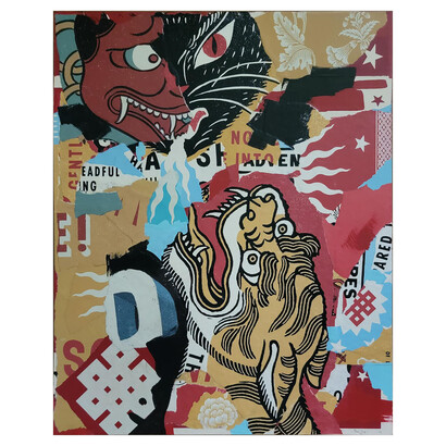 Ravi Zupa, The Touring, 2023, torn screen prints, acrylic on wood, 20x16 inches, copyright the artist. Courtesy the artist and Harman Projects