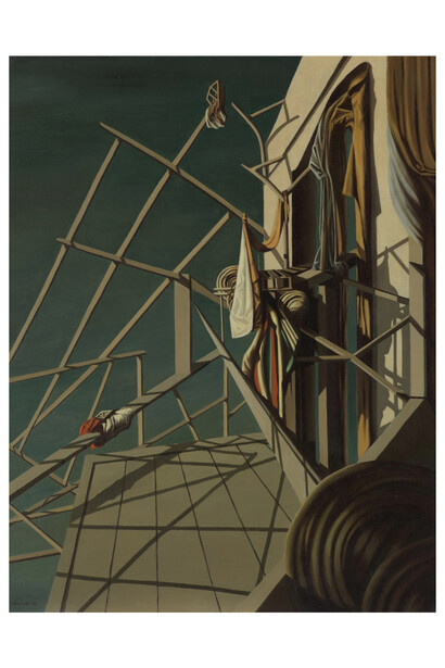 Kay Sage, Unicorns Came Down to the Sea, 1948, oil on canvas, 36¼x28¼ inches, courtesy of the Philadelphia Museum of Art. Courtesy of Helly Nahmad Gallery