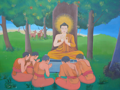 Pintura sobre la vida de Buda en el templo Yempi Mahavihar, Patan