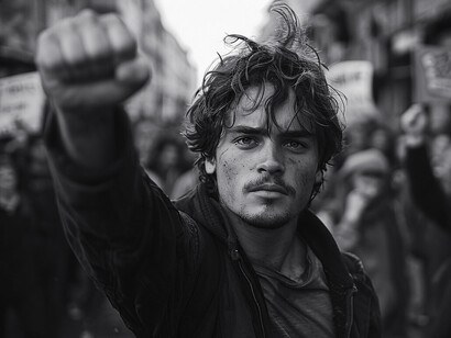The man raises his fist in unity, symbolising the strength of collective action amidst a society grappling with the tension between individual rights and the common good