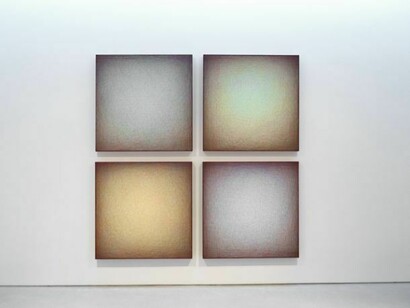Emil Lukas, Artillery or Poppy Red, 2013, thread over wood frame with paint and nails, four parts, 107 ½ x 107 ½ inches (273 x 273 cm) overall. Courtesy Sperone Westwater, New York