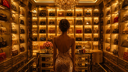 A woman gazing into a room lined with iconic bags, symbolising her first glimpse into the life she secretly desired