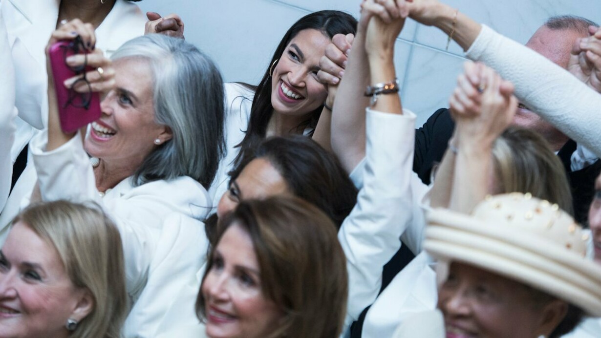 Democratic members of Congress wear white for U.S. President Donald Trump's address to a joint session