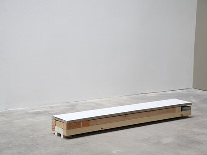 Finbar Ward, Sleeper I, 2013, Acrylic, linen, wood, jesmonite, concrete, spray paint, and graphite, 150 x 20 x 18 cm