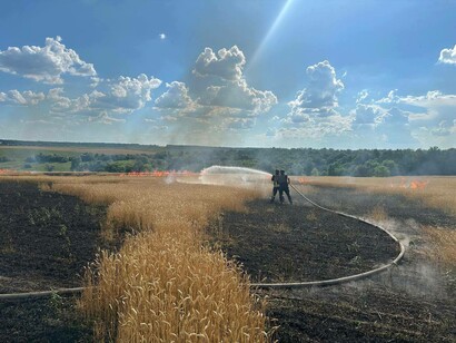 Incendio en un campo de trigo cerca de la aldea Karasivka (región de Járkov en Ucrania) después del bombardeo ruso el 1 de julio de 2024.