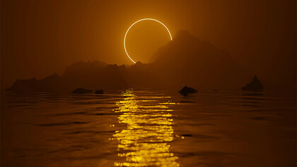 Eclipse refletido no mar. Dali, podia ver o Atlântico e como o Sol e a Lua se refletiam nele