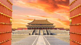 Vista de la Cuidad Prohibida en Beijing, China al atardecer