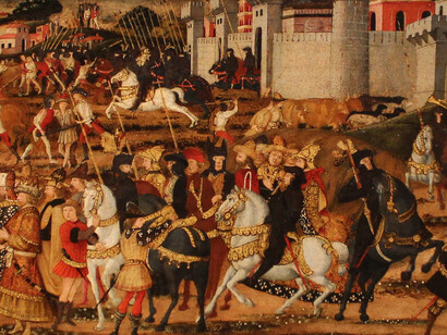 Se hacen juramentos ante Júpiter para que la guerra finalice con un combate entre Seas y Turno. Paolo Uccello (1397 - 1475). Episodios de la Eneida. Seattle Art Museum, EE. UU.