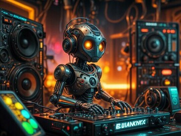 A robot immersed in music production, symbolising the challenge of distinguishing algorithmic generation from genuine creative expression