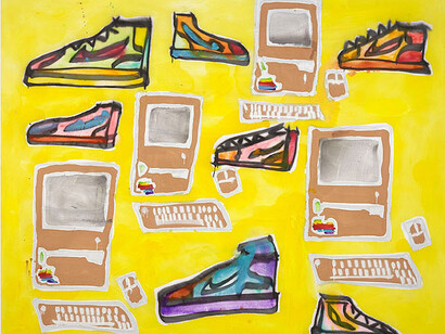Katherine Bernhardt, Apple Computers and Sneakers, 2014, acrylic and spray paint on canvas, 243 x 304 cm, 96 x 120 ins
