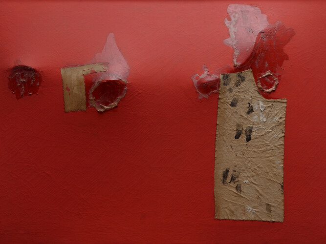 Alberto Burri, Rosso gobbo (Red Hunchback), 1953, Acrylic, fabric, and Vinavil on canvas with metal structure, 56.5 x 85 cm, Private collection, Rome © 2014 Artists Rights Society (ARS), New York/SIAE, Rome
