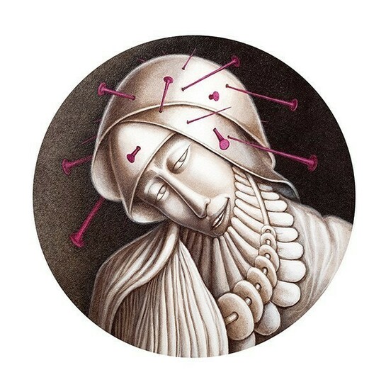 Adagio perforante, 2013, acrilico su tavola, diametro 36 cm