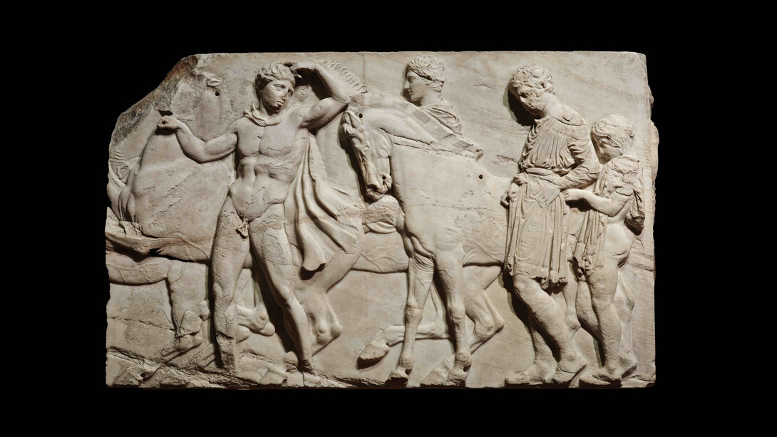 Unmounted youths preparing for the cavalcade, block from the north frieze of the Parthenon,about438–432 BC, Marble, © The Trustees of the British Museum
