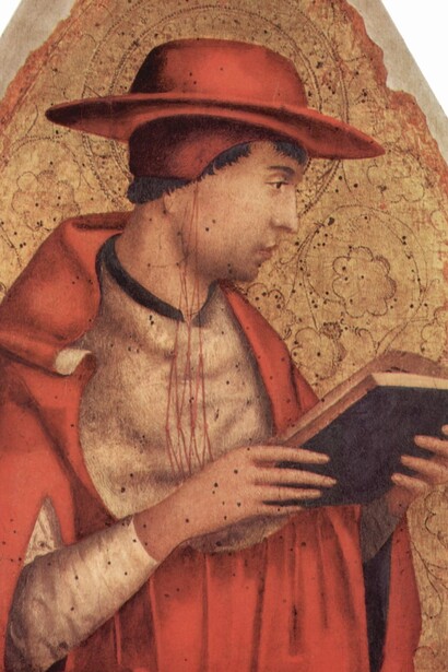 San Girolamo, traduttore della Bibbia in latino con la sua celebre Vulgata, ha dedicato la sua vita a rendere le Sacre Scritture accessibili e comprensibili, diventando un pilastro della tradizione cristiana. Cuspide di polittico con i Dottori della Chiesa "San Girolamo", Antonello da Messina, 1470, Palermo, Galleria regionale di Palazzo Abatellis