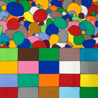 Matt Mullican, 'What My Eye Sees (Color),' 2018. Acrylic gouache and oil stick rubbing on canvas, in two parts, 78 3/4 x 157 1/2 in. (200 x 400 cm). Courtesy the artist and Peter Freeman, Inc. New York / Paris