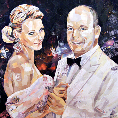 Daria Usova, Portrait of Albert II, Prince of Monaco and Charlene, Princess of Monaco, "Pieces Art" technique, 2016. Courtesy Daria Usova