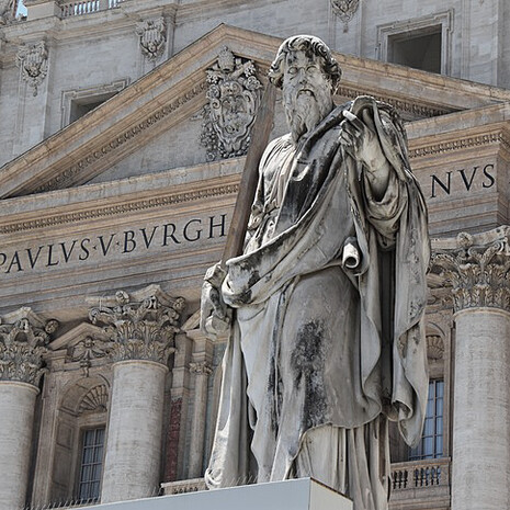 Statue of Apostle Paul in front of the St Peter's Basilica Vatican City Rome Italy