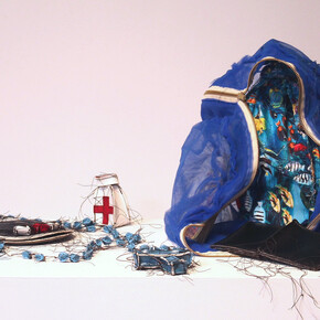 Margarita Cabrera, Backpack (Blue), 2006, Vinyl thread and various items