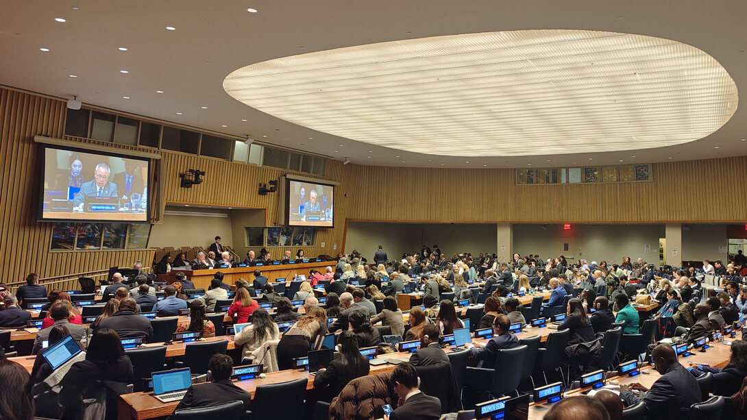 A wide overhead view of a busy international conference session taking place inside Conference Room 4 at the United Nations Headquarters in New York City, 10 February 2025. Photo by Abbas Firthous