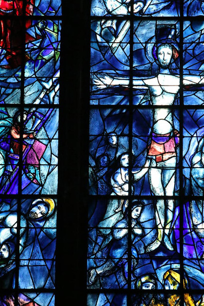 Chagall stained glass windows Fraumünster Zurich Switzerland, blue church light, Christian sacred art, European religious landmark