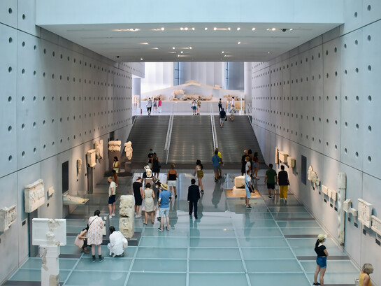 The interior of the main entrance hall at the Acropolis Museum in Athens