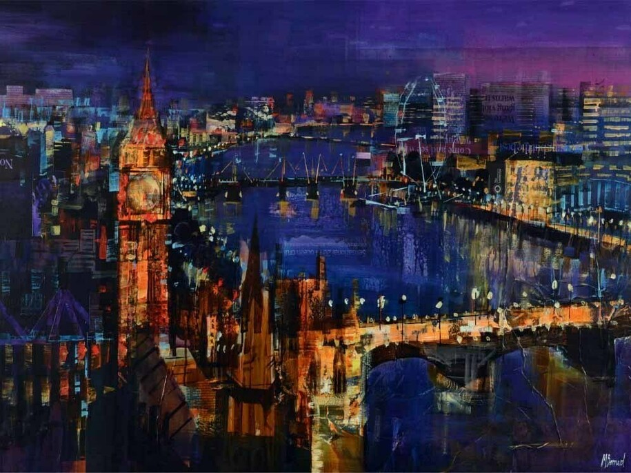 Mike Bernard RI, City Lights, London, mixed media on canvas, 30 x 48 ins (76 x 122 cms)
