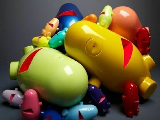 "My Pal Foot-Foot", 2013. Automotive-finished cast resin (large works), clear-coated cast resin (small works), 24x15x15 and 6x3x3 inches