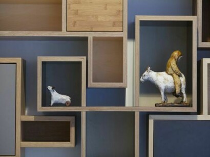 Sam Scott, Shelved 1, 2014, with selection of work from various artists, installation view of Mixed Display 2014 at Marsden Woo Gallery, photo © Philip Sayer, courtesy of Marsden Woo Gallery, London