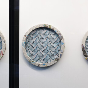 Sam Porritt, A Matter of Perspective (Triptych), 2018. Brush, ink and wax crayon on paper. Card, plaster, papier-mâché. Frame. 82 cm (diameter) x 7.5 cm each.

