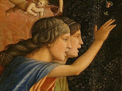 Mantegna usa filactérios multilíngues e uma composição detalhada para explorar temas de virtude e vício