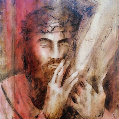 Luigi Salvatori, Abbracciato alla Croce, acrilico su tela, cm 80x60, 2020