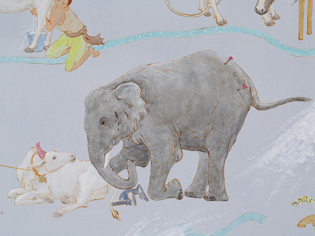 NS Harsha, Mooing here and now (detail), 2014, Acrylic on canvas, 190 x 150 cm, 74 3/4 x 59 1/8 in, Courtesy the Artist and Victoria Miro, London © NS Harsha