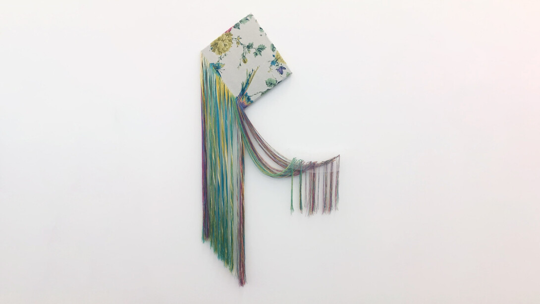 Aiko Tezuka, Talisman (system). Embroidery with threads extracted from readymade fabric, 53 1/8 x 28 3/4 inches. Courtesy of Maybaum Gallery