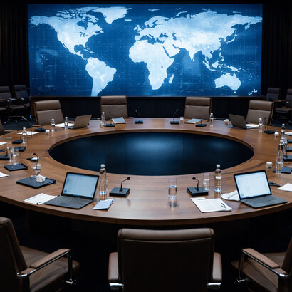 An unoccupied forum representing the erosion of consensus and the uncertainty surrounding collective global leadership