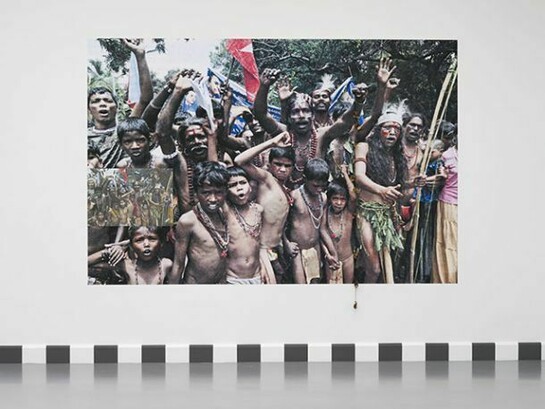 Sheela Gowda, Protest, my son, 2011, Poster, horn and fur objects, Courtesy of the artist and Galleryske, Bangalore, © Peter Cox