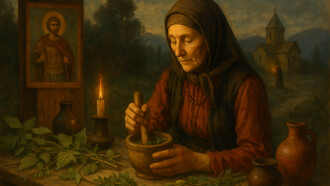 A Georgian village healer prepares herbal remedies by candlelight, blending faith, ritual, and natural medicine in the shadow of the Caucasus mountains