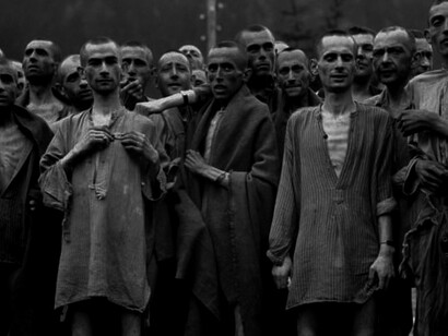Jews in a concentration camp. Image from the movie "Night and Fog", 1956, directed by Alain Resnais